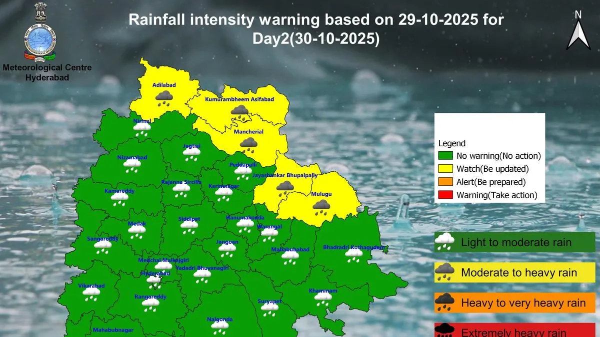 तेलंगाना में 30 अक्टूबर का मौसम | पांच जिलों में भारी बारिश की चेतावनी